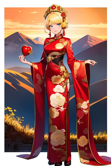 00074-full body, blonde hair, woman,  lun4r_dr3ss,sexy, cheongsam, gold embroidery, long sleeves, large ornate headdress , mountaintop.png